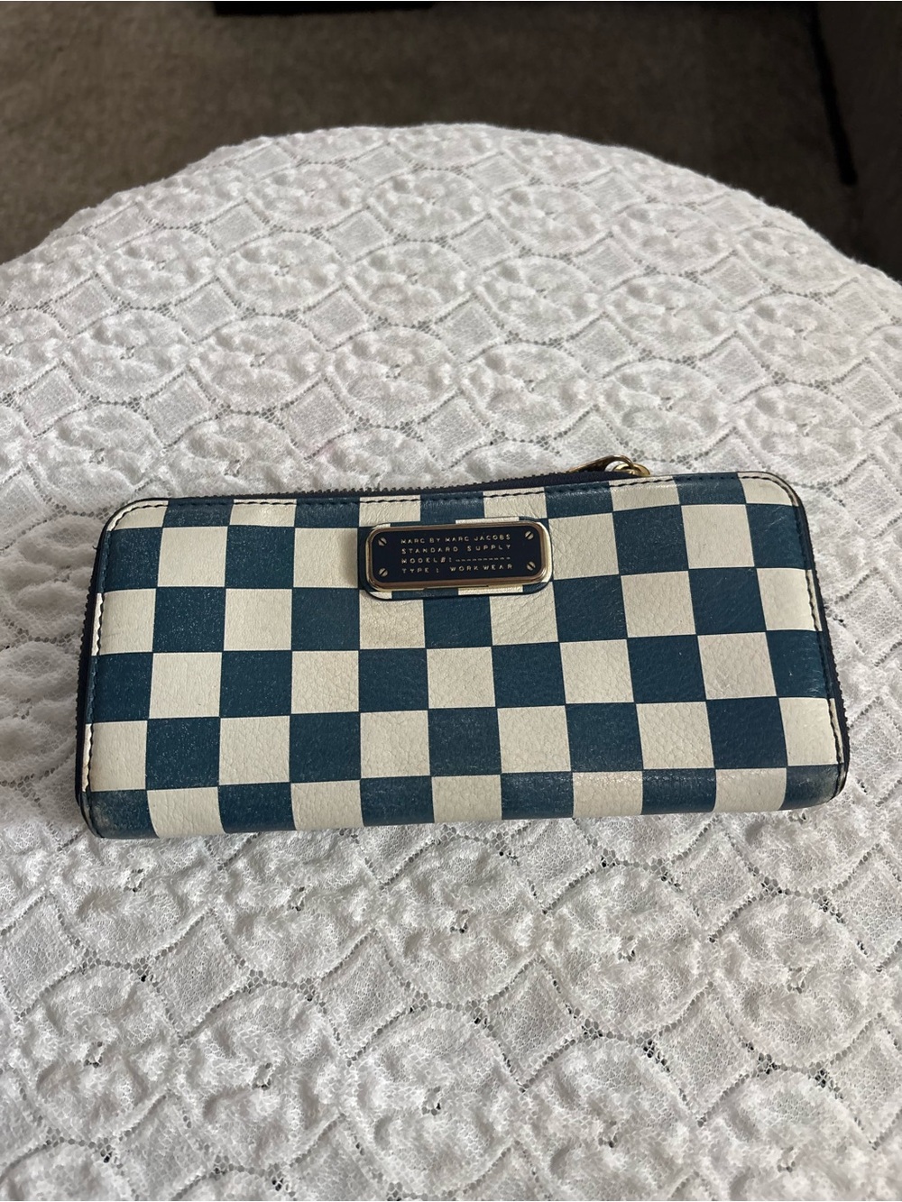 Marc by Marc Jacobs Navy and Cream Checkerboard Zip Wallet